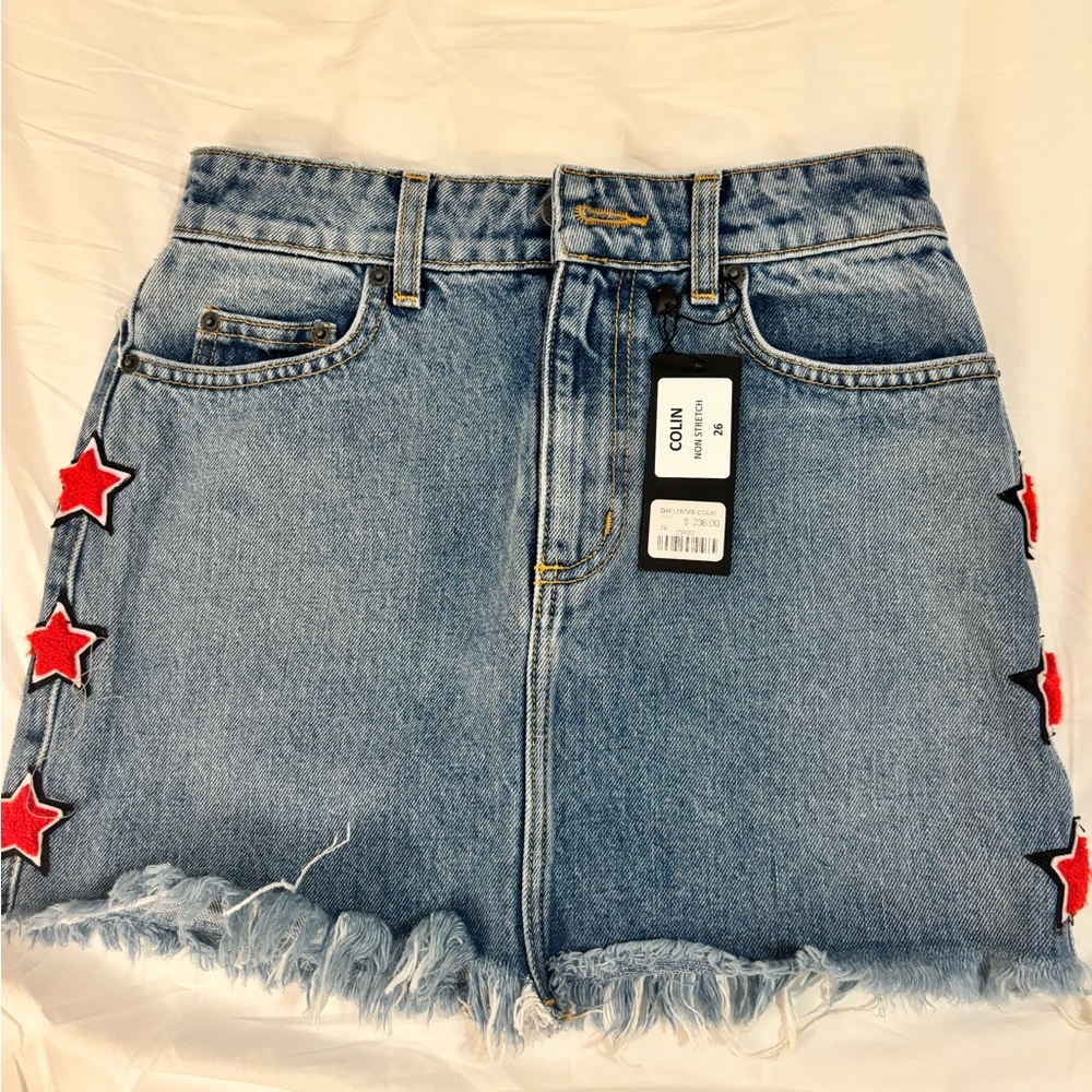 NWT Carmar Colin Non-Stretch denim Skirt with Red Star Accents
